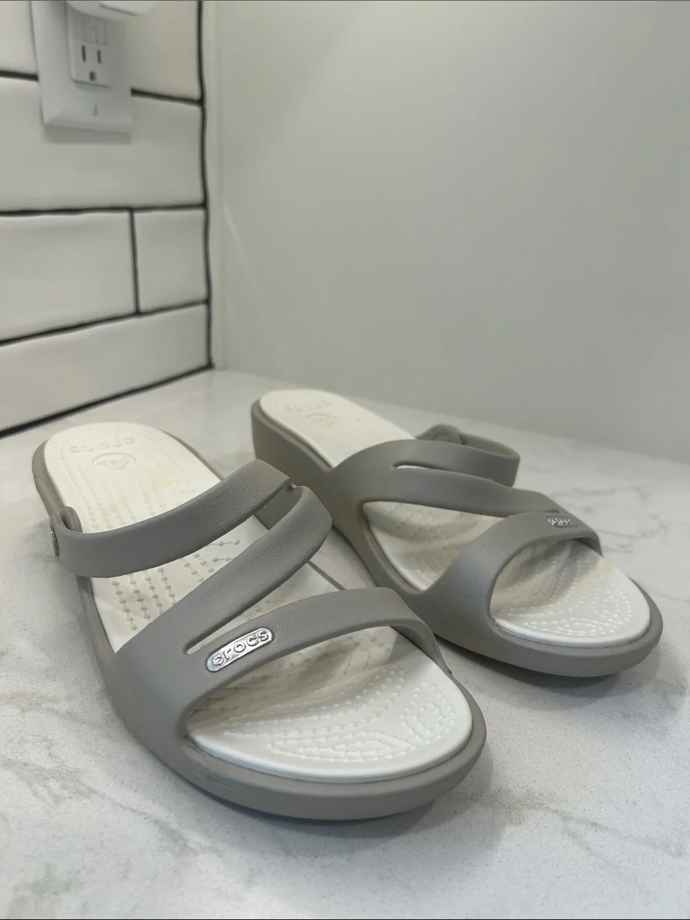 Crocs Patricia Wedge Sandals Grey / White Womens 7